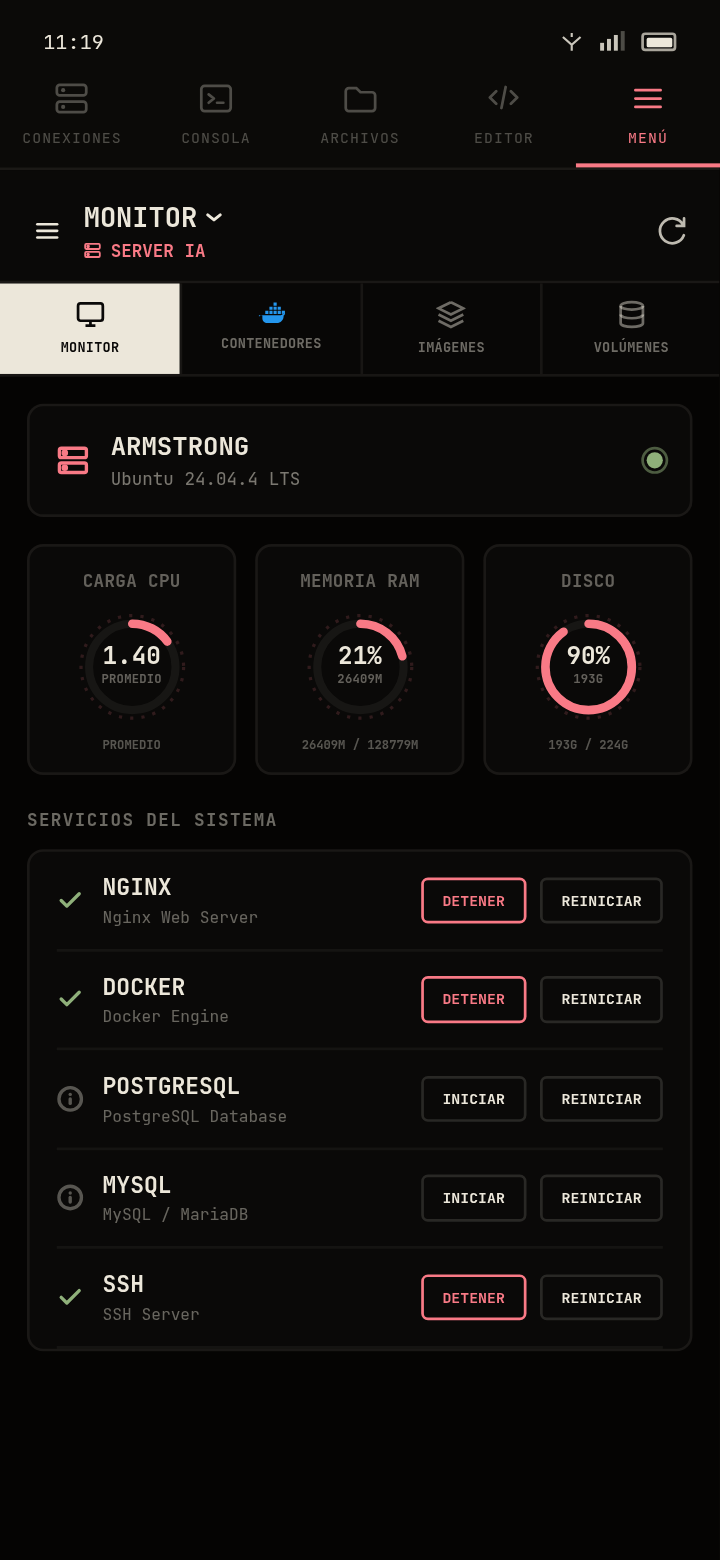 Kammel navigation menu showing terminal, files and editor tools